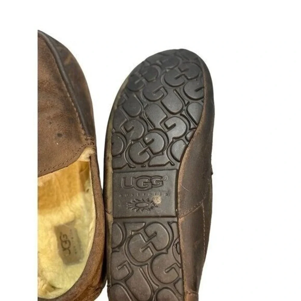 UGG Ascot Mens Brown‎ Leather Shearling Lined Slipper Loafers Shoes